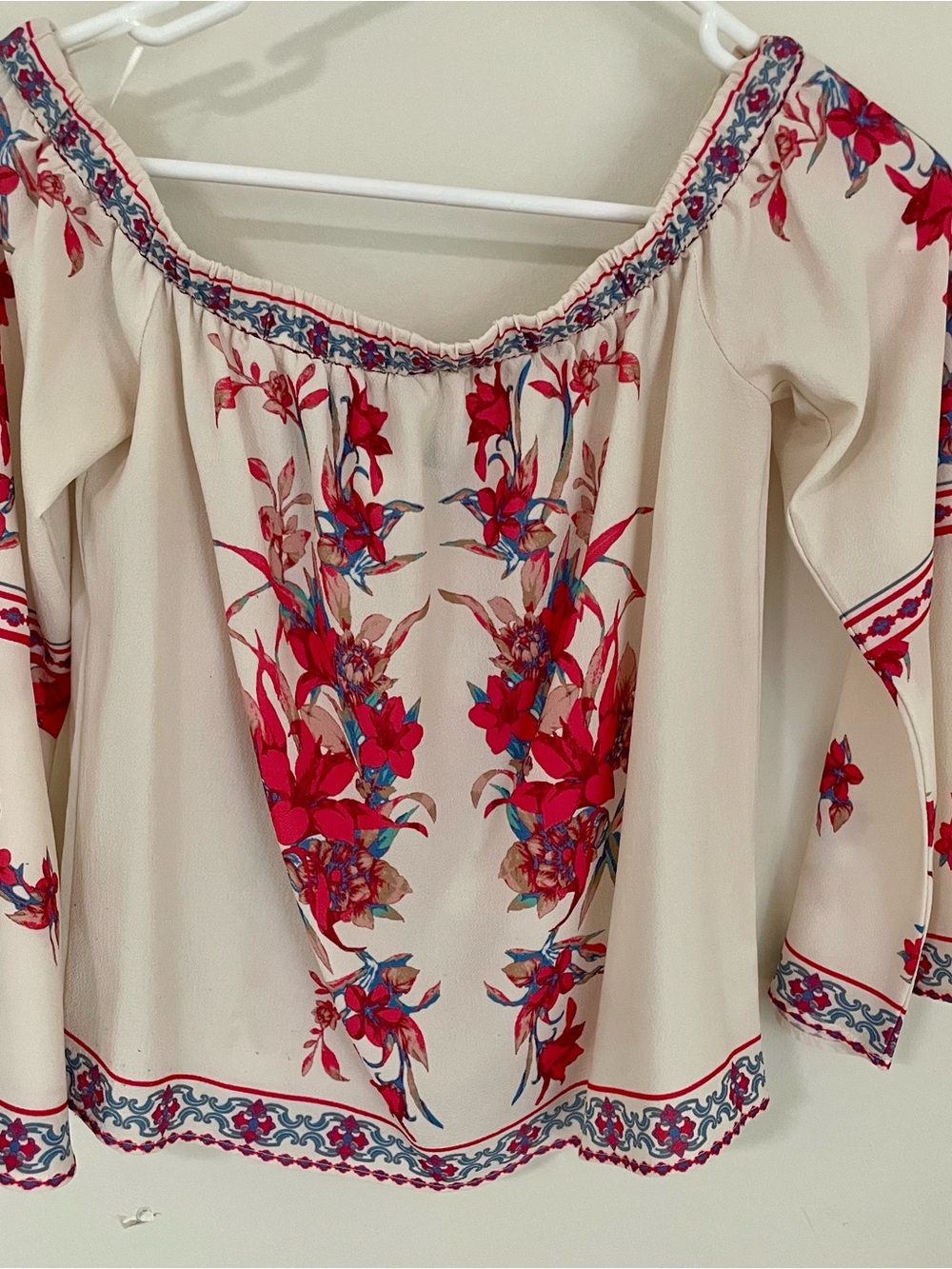 Blue Rain Cream Off-Shoulder Blouse with Red Floral Print